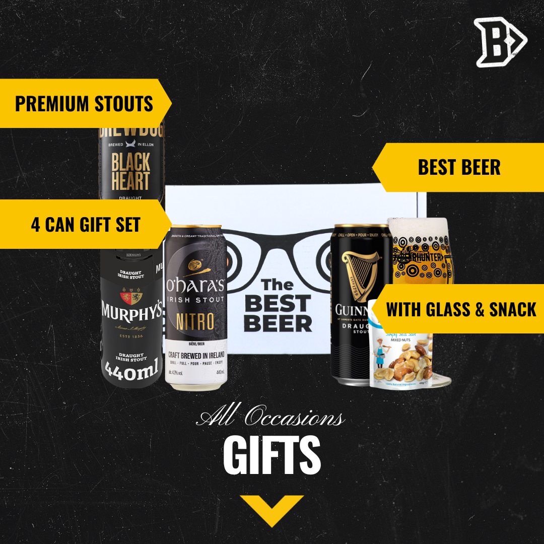 Stout Beer 'Best Beer' 4 Can Gift Pack with Glass & Snack