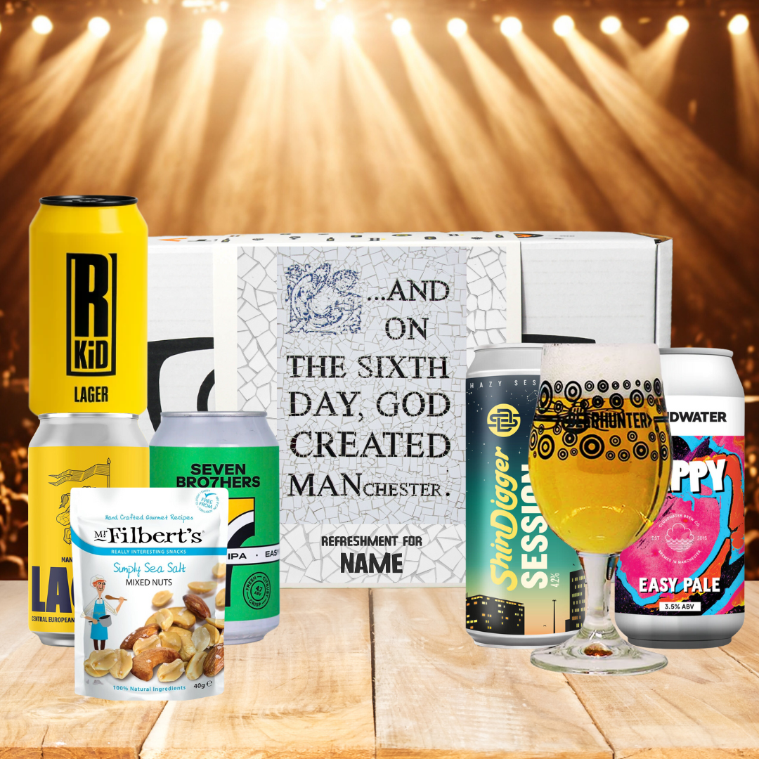 Personalised "On the Sixth Day God Created Manchester" Craft Beer 5 Can Gift Set with Glass