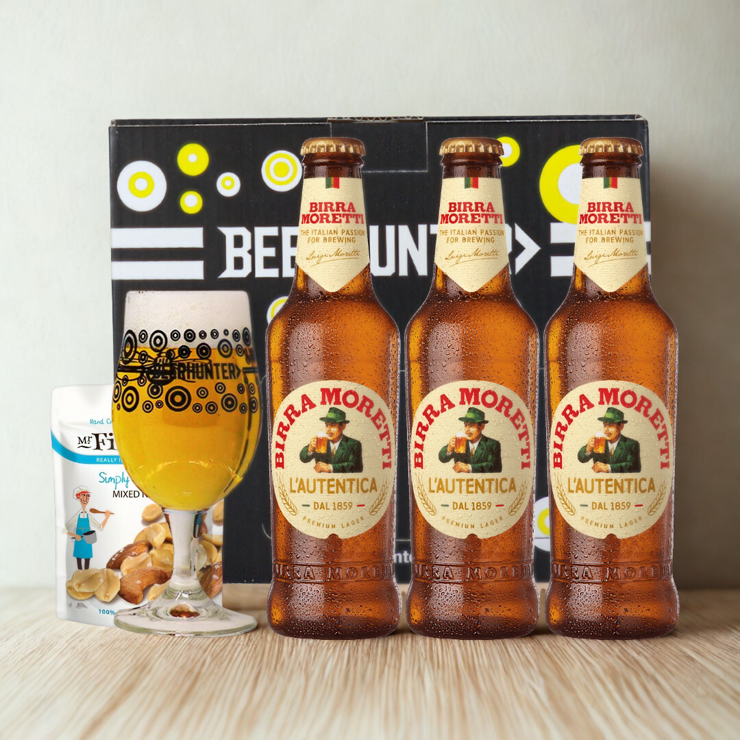Birra Moretti Premium Italian Lager Bottle Gift Set with Glass (3 Pack) - 330ml