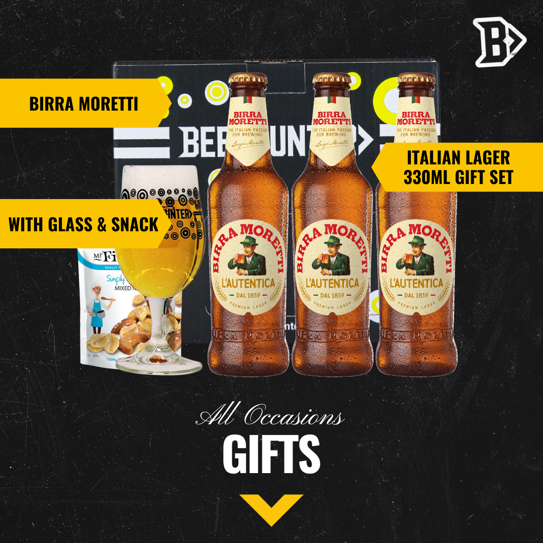 Birra Moretti Premium Italian Lager Bottle Gift Set with Glass (3 Pack) - 330ml