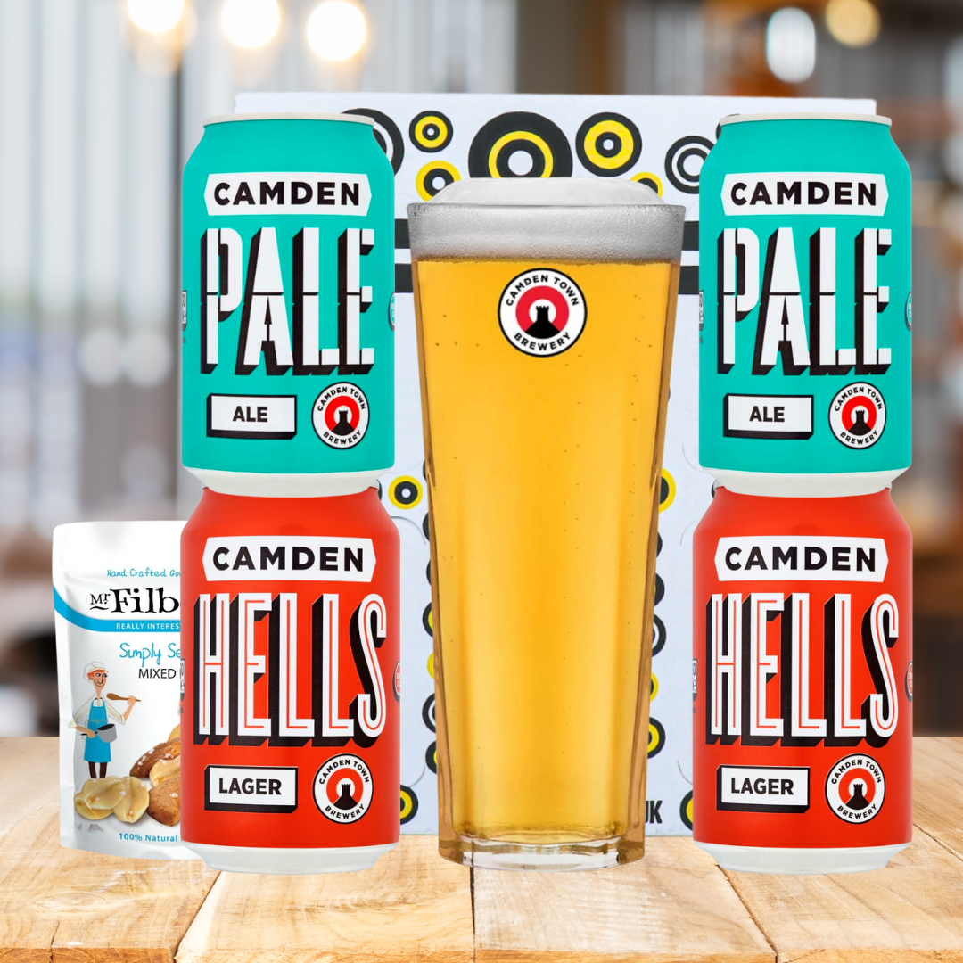 Camden British Craft Beer Gift Set Box with Kenneth Glass - Pale Ale, Lager (4 Pack) - BEERHUNTER