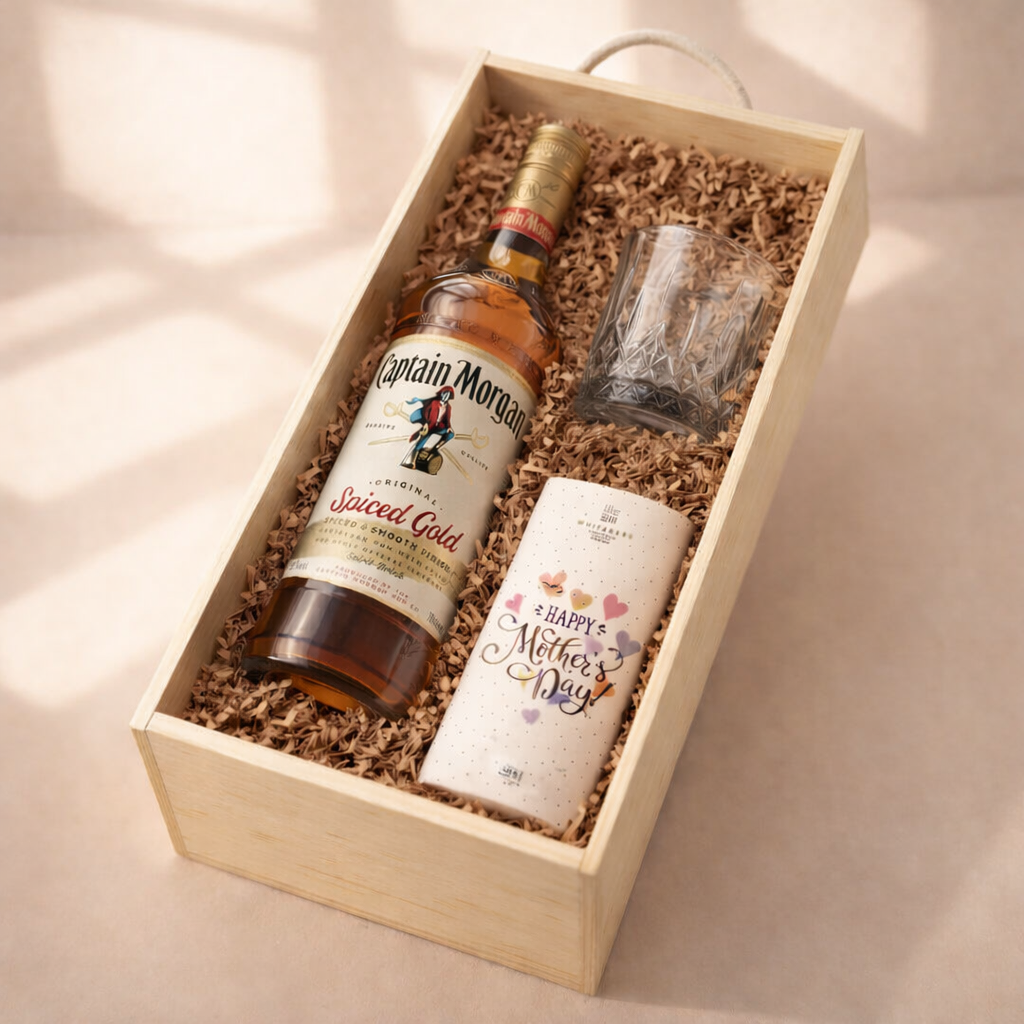 Mother’s Day Captain Morgan Spiced Rum Gift Set (70cl) with Glass &amp; Chocolate – Luxury Mother’s Day Gift for Mum UK