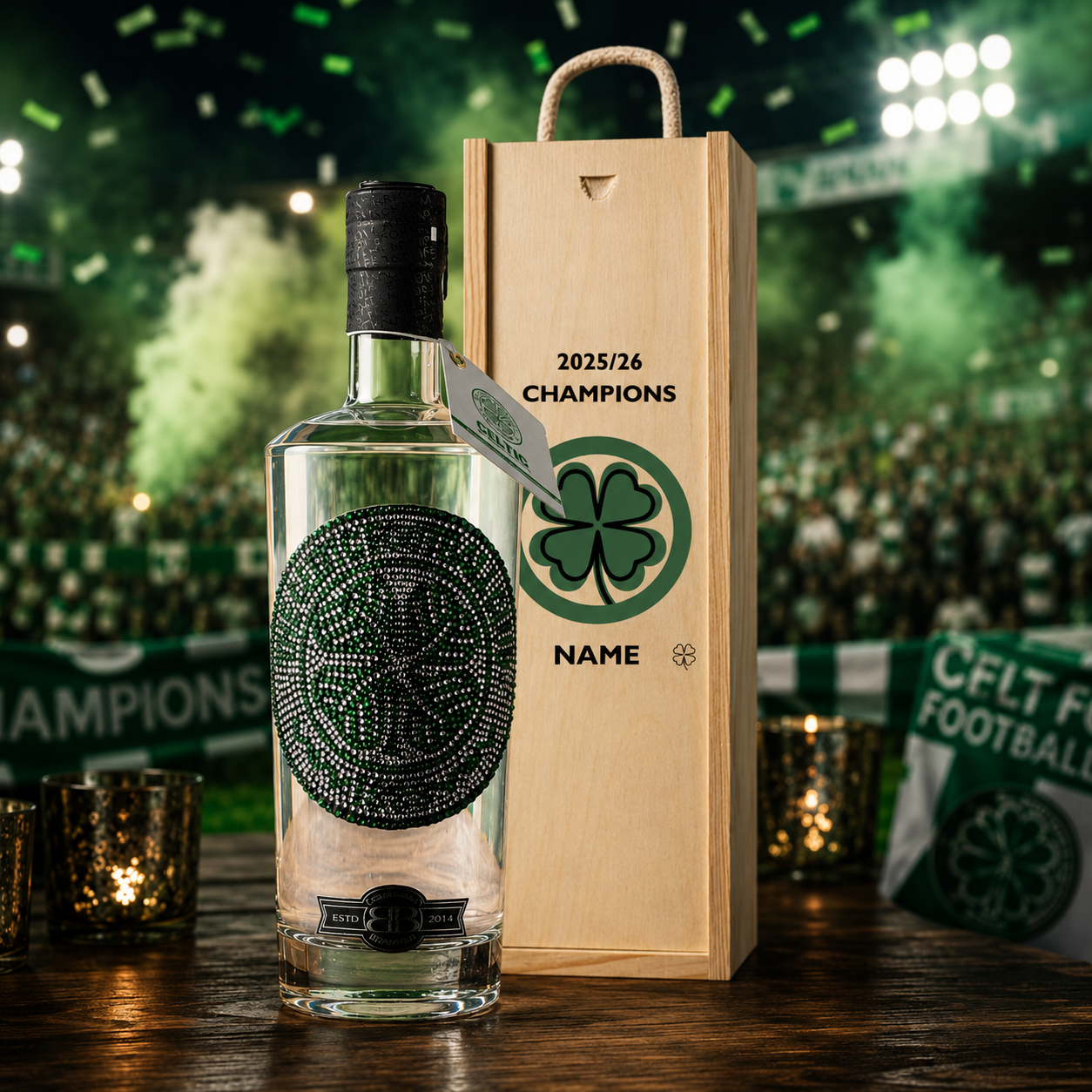 Glasgow Celtic Champions 2026 Football Vodka in Personalised Wooden Presentation Box (70cl) – 37.5% ABV