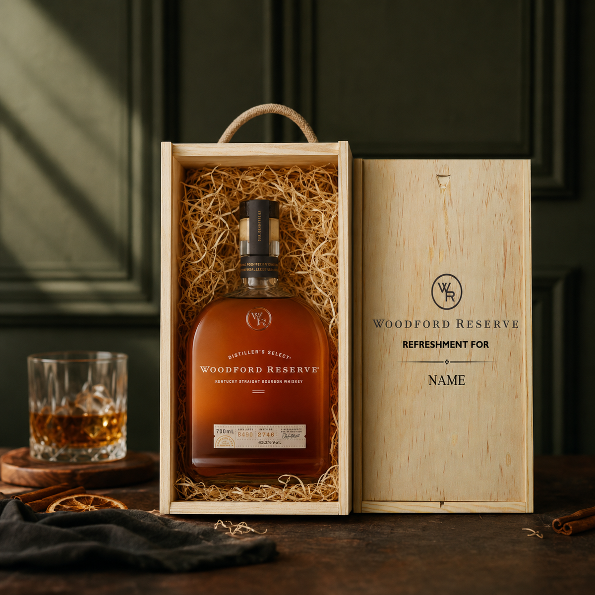 Personalised Woodford Reserve Kentucky Straight Bourbon Whiskey Gift Set with Glass - 70cl (45.2%)