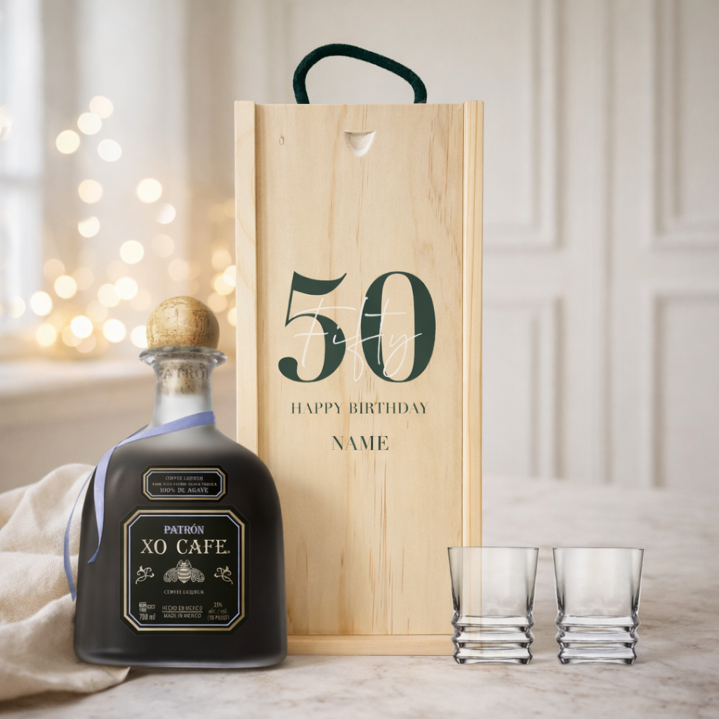 Personalised 50th Birthday Patrón Xo Cafe Coffee Tequila Gift Set With Shot Glasses