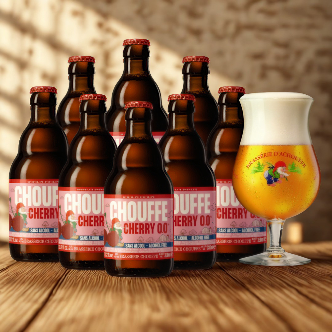 Chouffe Cherry Alcohol Free Belgian Fruit Beer 330ml Bottles - 0.0% ABV (Multipack) with FREE Chouffe Glass