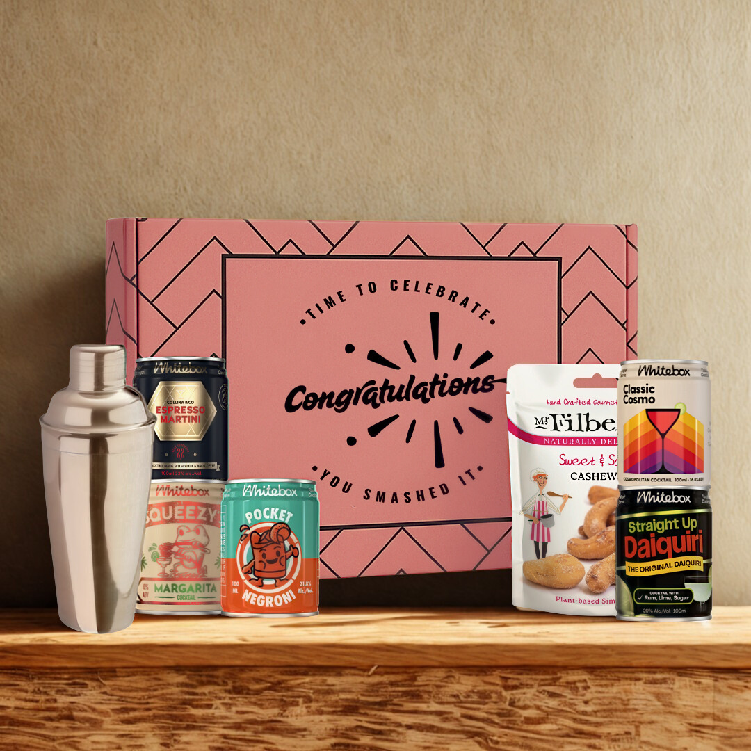Congratulations Gift Box with Whitebox Ready-to-Drink Cocktail Cans &amp; Gourmet Snack Gift Box (5 x 10cl)