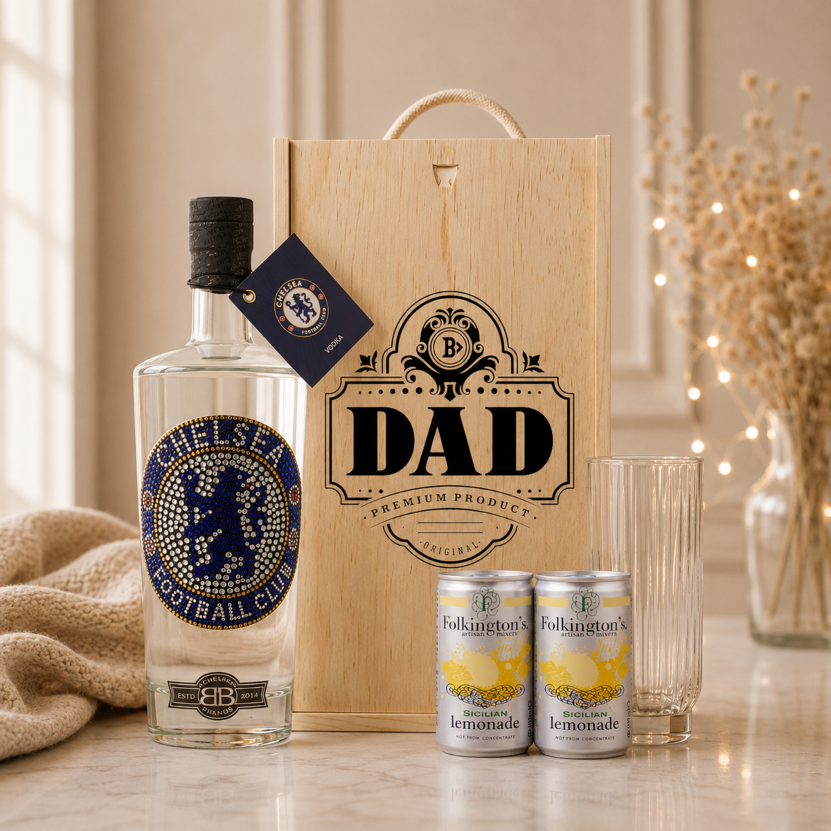 Best Dad Football Vodka Gift Set – Premium Club Vodka with Glass & Folkington's Lemonades