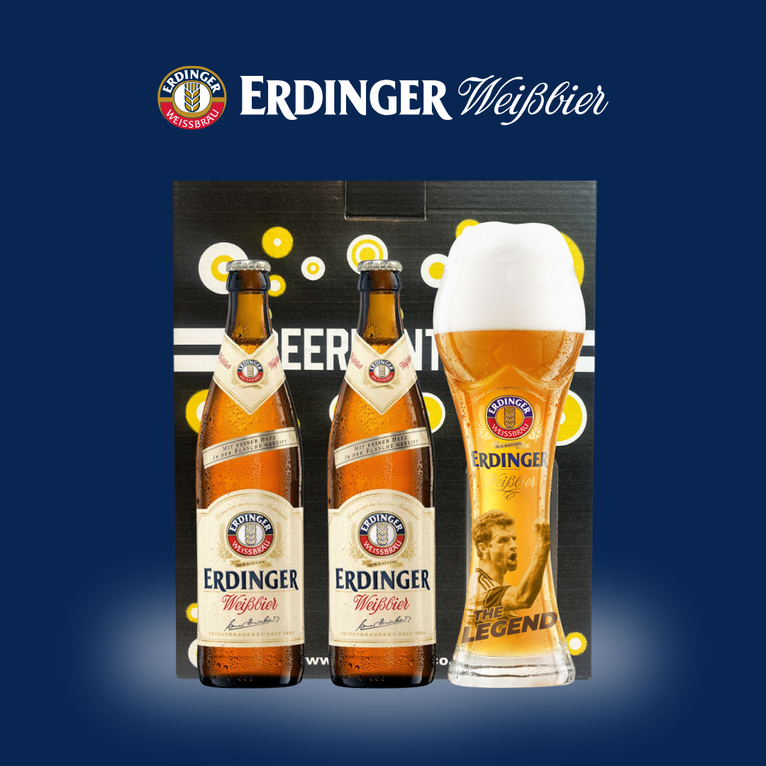 Erdinger Weissbier 500ml Bottles (2 Pack) with FREE Thomas Müller Legends Football Glass Gift Set – 5.3% ABV