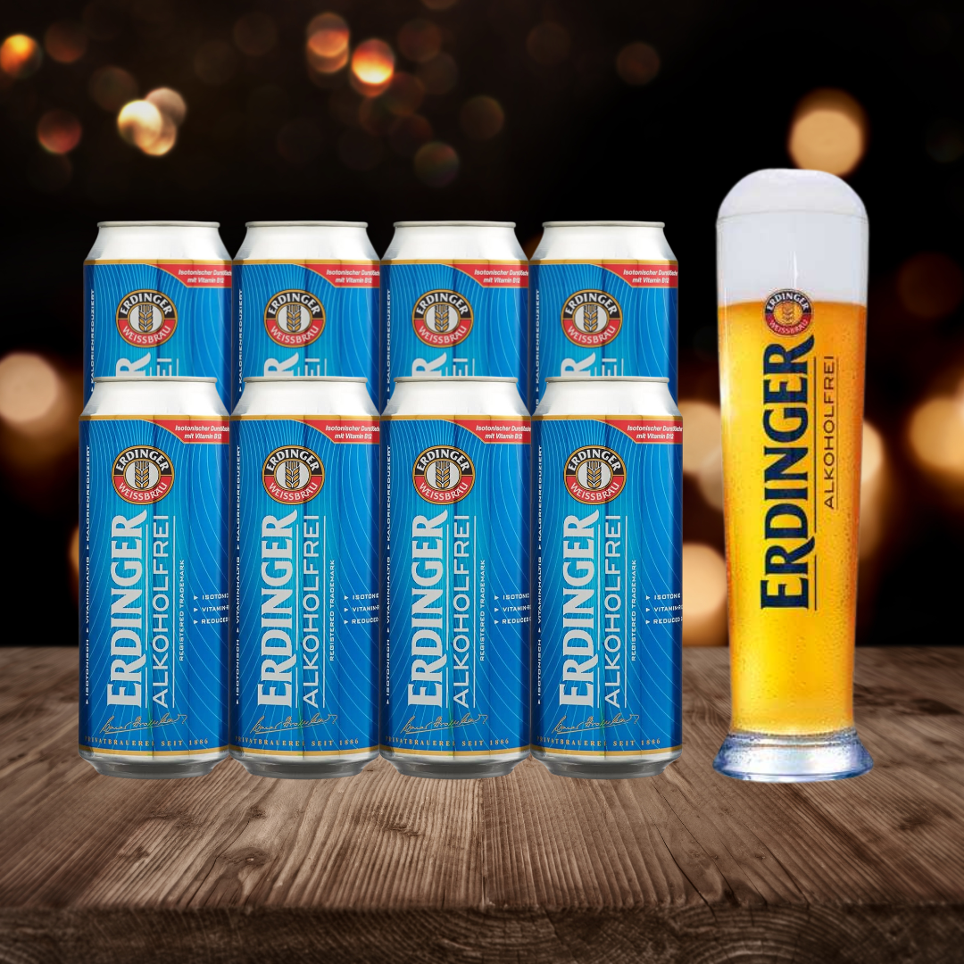 Erdinger Alkoholfrei German Alcohol Free Wheat Beer 500ml Cans with Free ERDINGER Glass - 0.5% ABV (8 Pack) BBD: 7/5/26