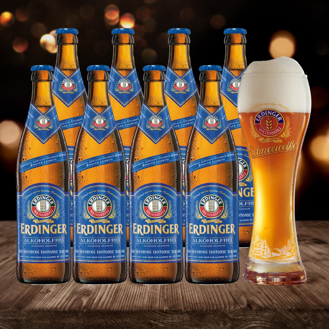 Erdinger Alkoholfrei German Alcohol Free Wheat Beer 500ml Bottles with Free Schneeweisse Glass - 0.5% ABV (8 Pack)