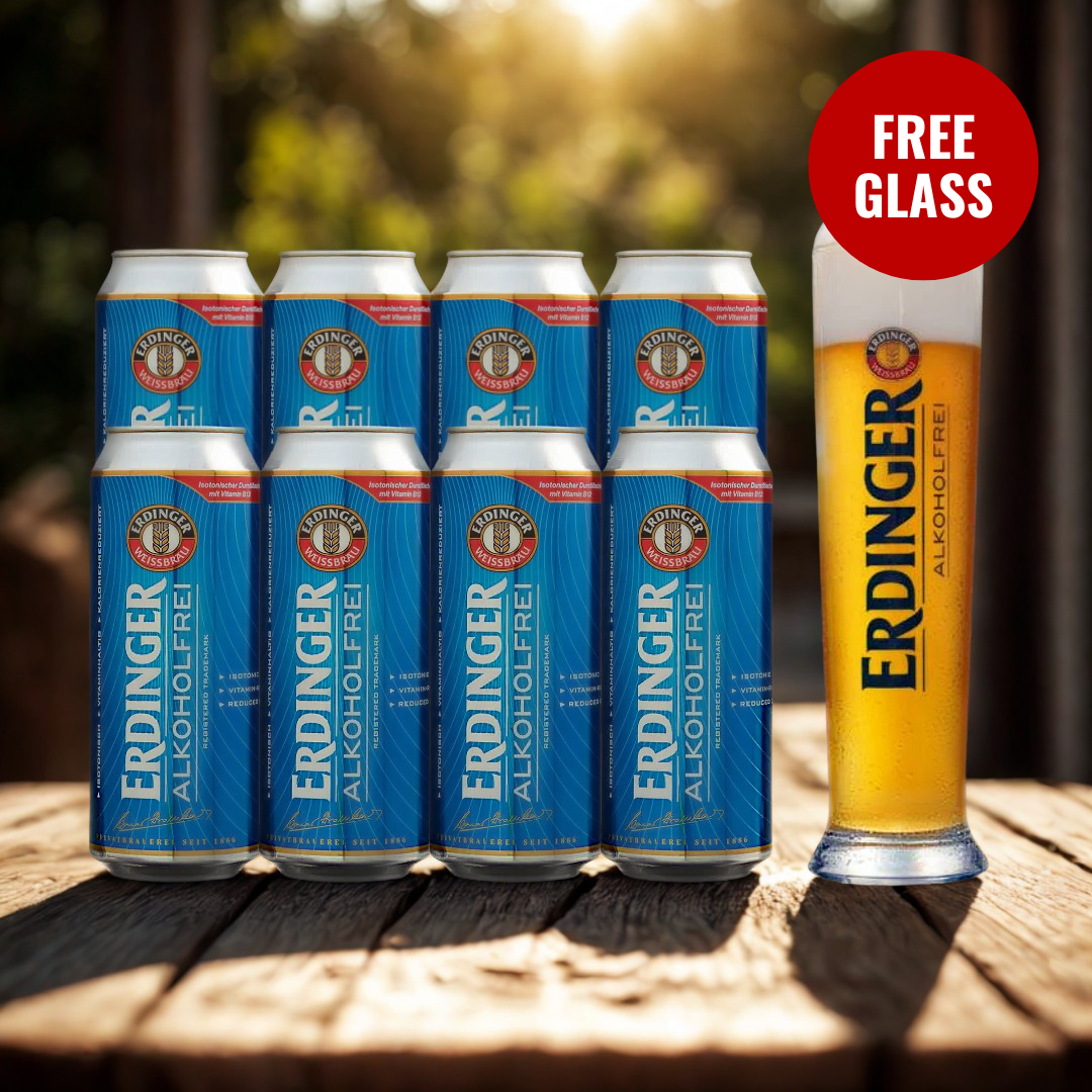 Erdinger Alkoholfrei German Alcohol Free Wheat Beer 500ml Cans with Free ERDINGER Glass - 0.5% ABV (8 Pack) BBD: 7/5/26