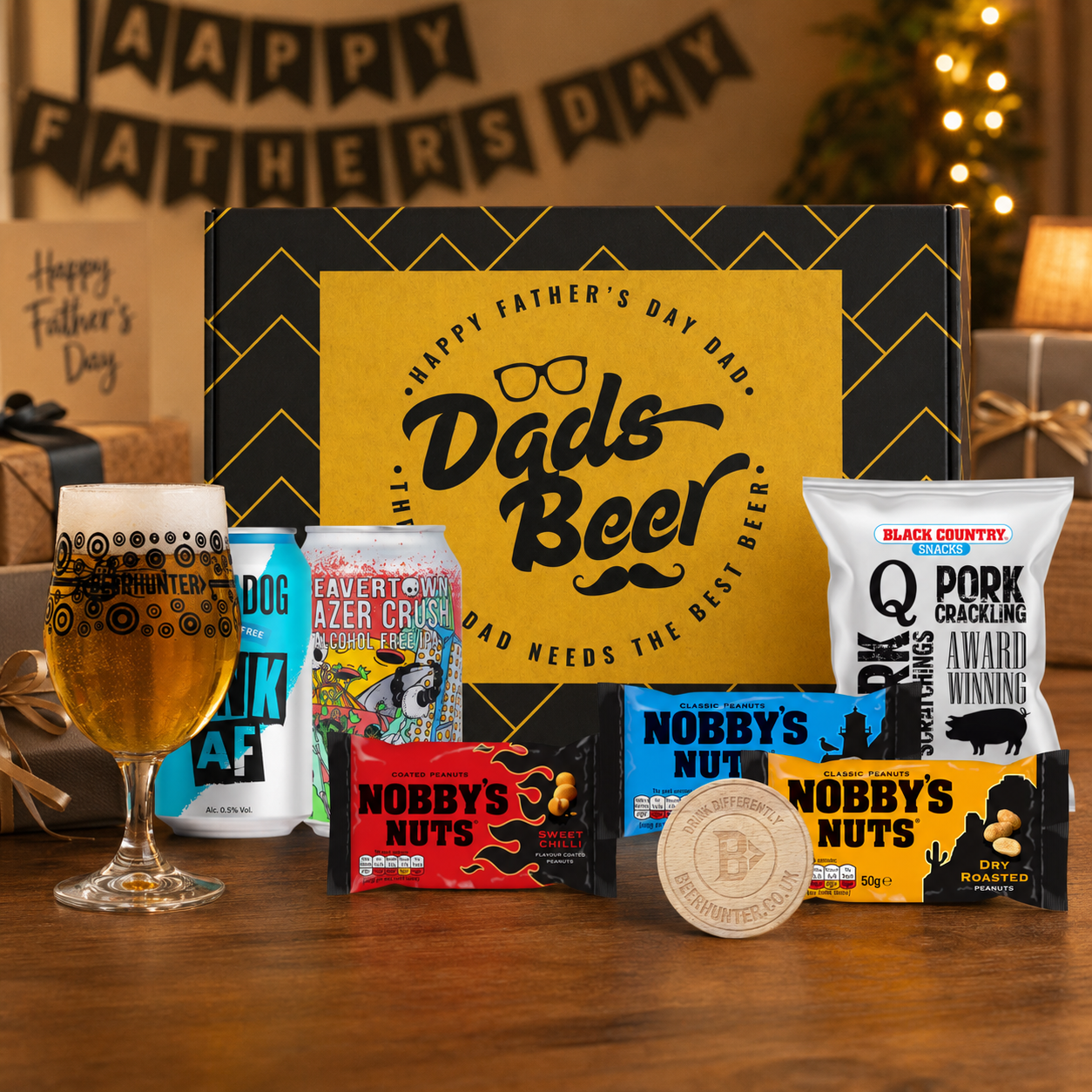 Father's Day Alcohol Free Beer Gift Differently Set for Dad with Beer Glass & Snacks (2 Pack)