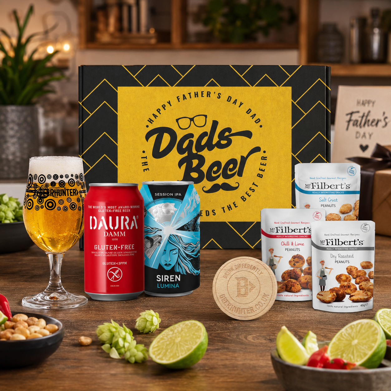 Father's Day Gluten Free Beer Gift Differently Set for Dad with Beer Glass & Snacks (2 Pack)