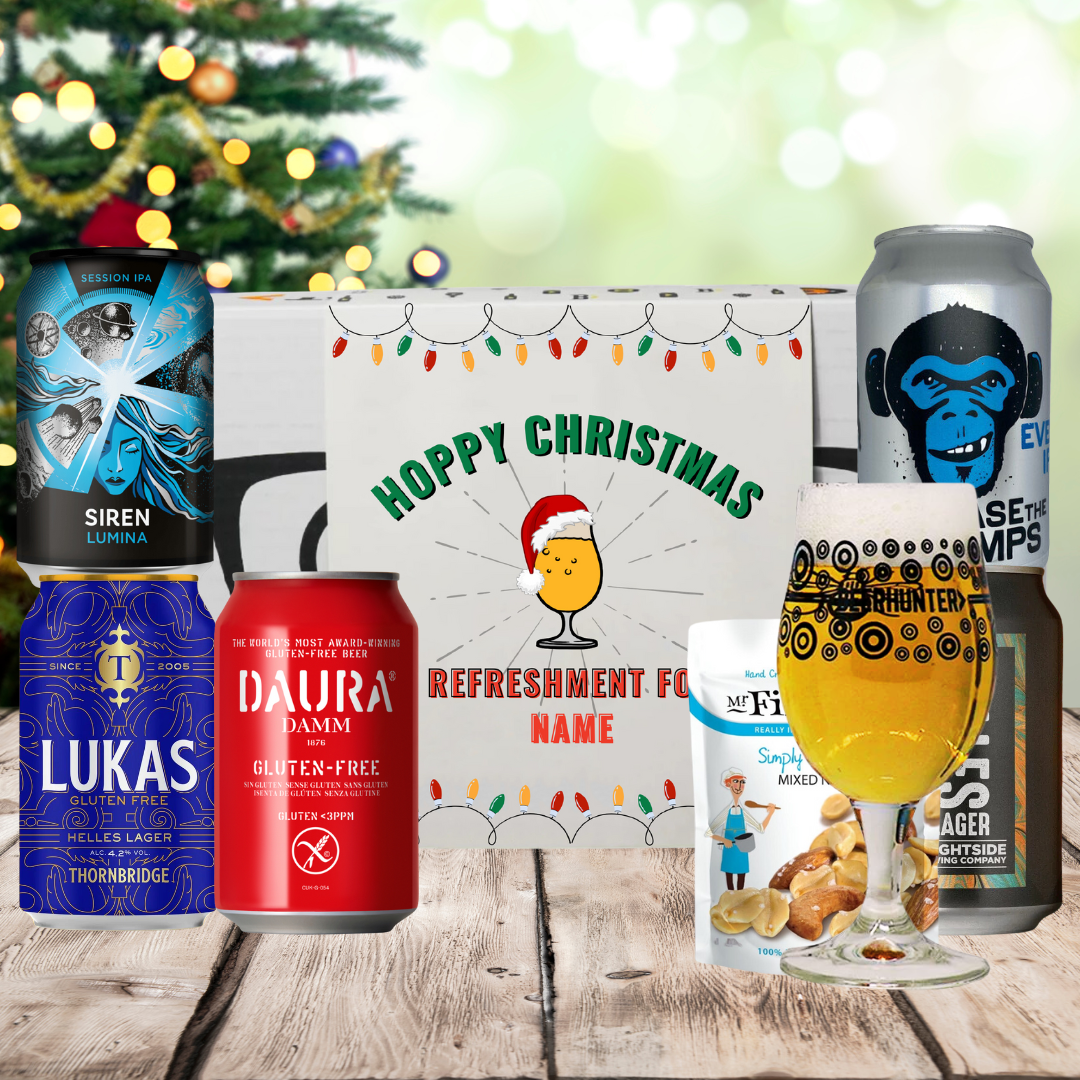 Personalised &#39;Hoppy Christmas&#39; Gluten Free Beer 5 Can Gift Pack with Glass &amp; Snack