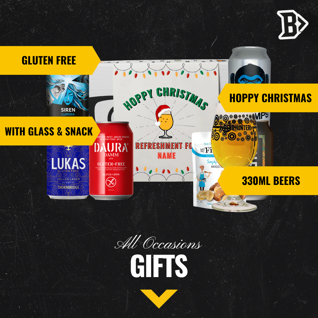 Personalised 'Hoppy Christmas' Gluten Free Beer 5 Can Gift Pack with Glass & Snack