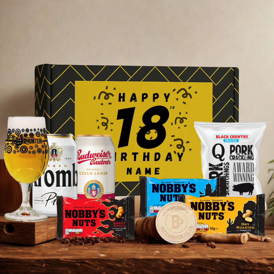 Personalised 18th Birthday Beer Gift Set – Craft Beer Selection with Glass &amp; Snacks (2 Pack)