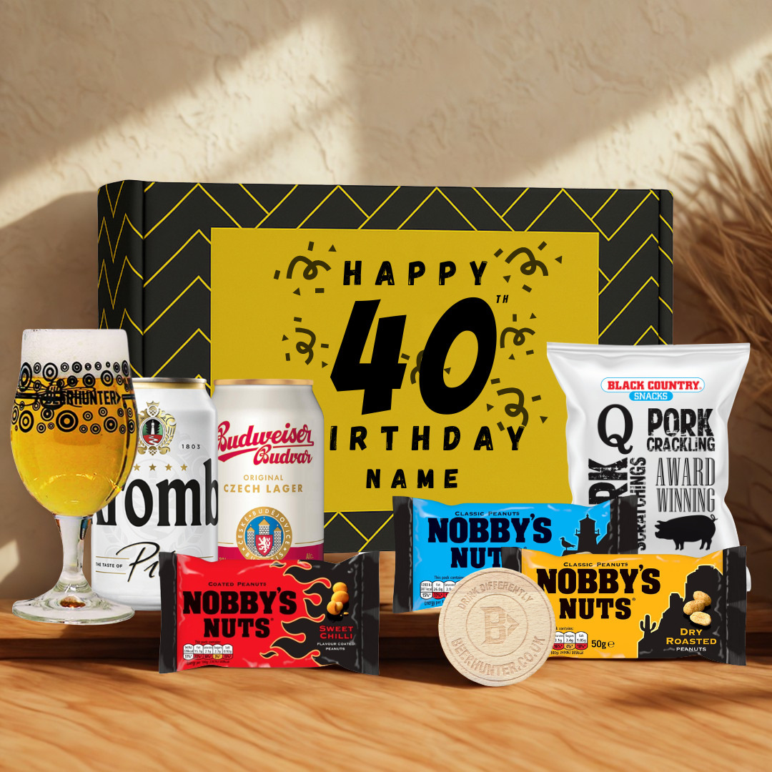 Personalised 40th Birthday Beer Gift Set – Craft Beer Selection with Glass & Snacks (2 Pack)