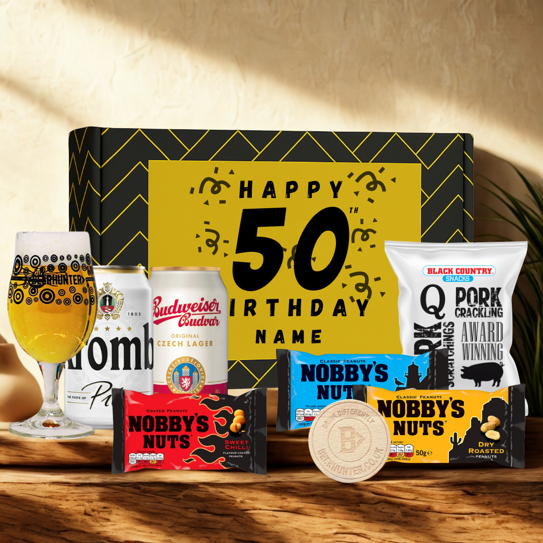 Personalised 50th Birthday Beer Gift Set – Craft Beer Selection with Glass & Snacks (2 Pack)