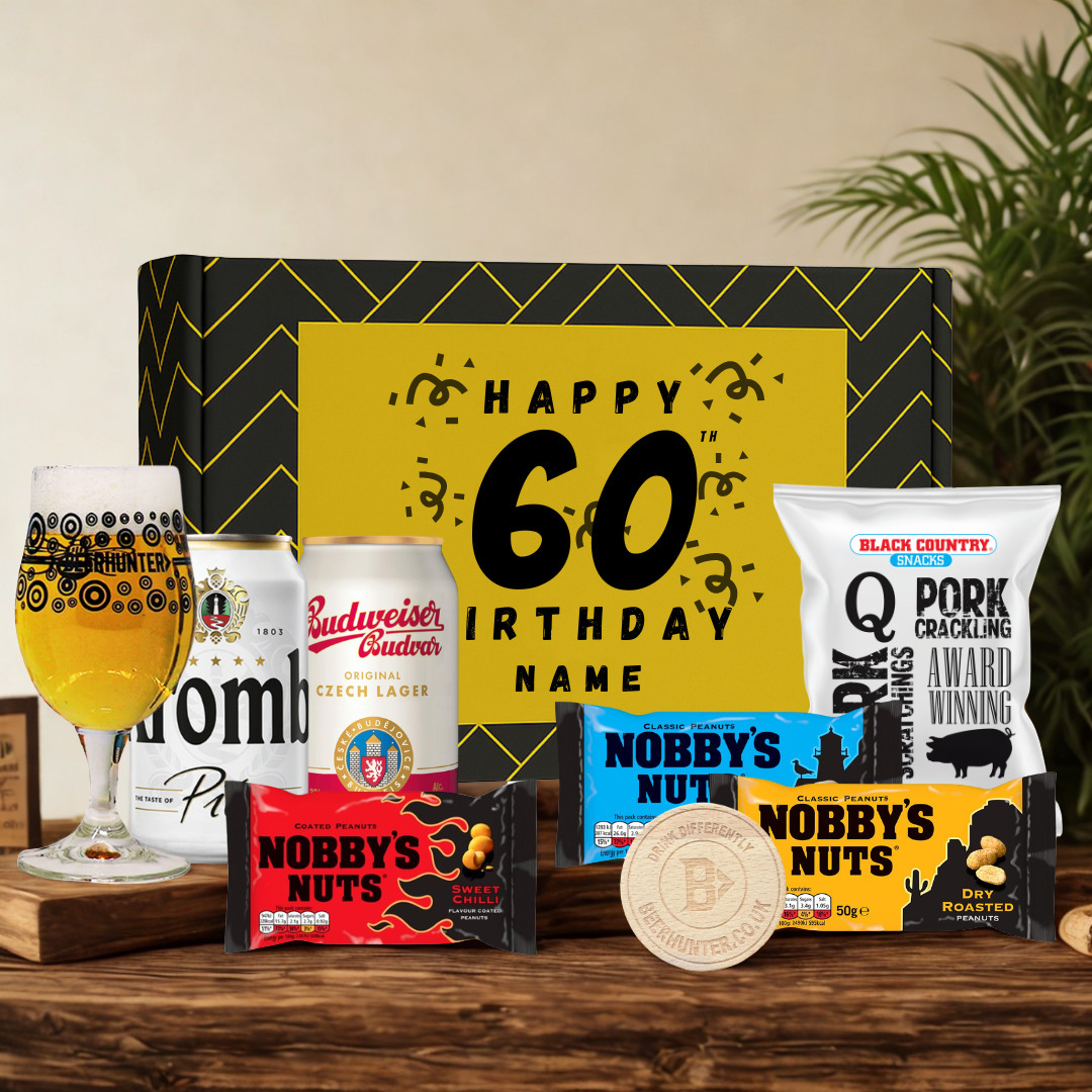 Personalised 60th Birthday Beer Gift Set – Craft Beer Selection with Glass &amp; Snacks (2 Pack)