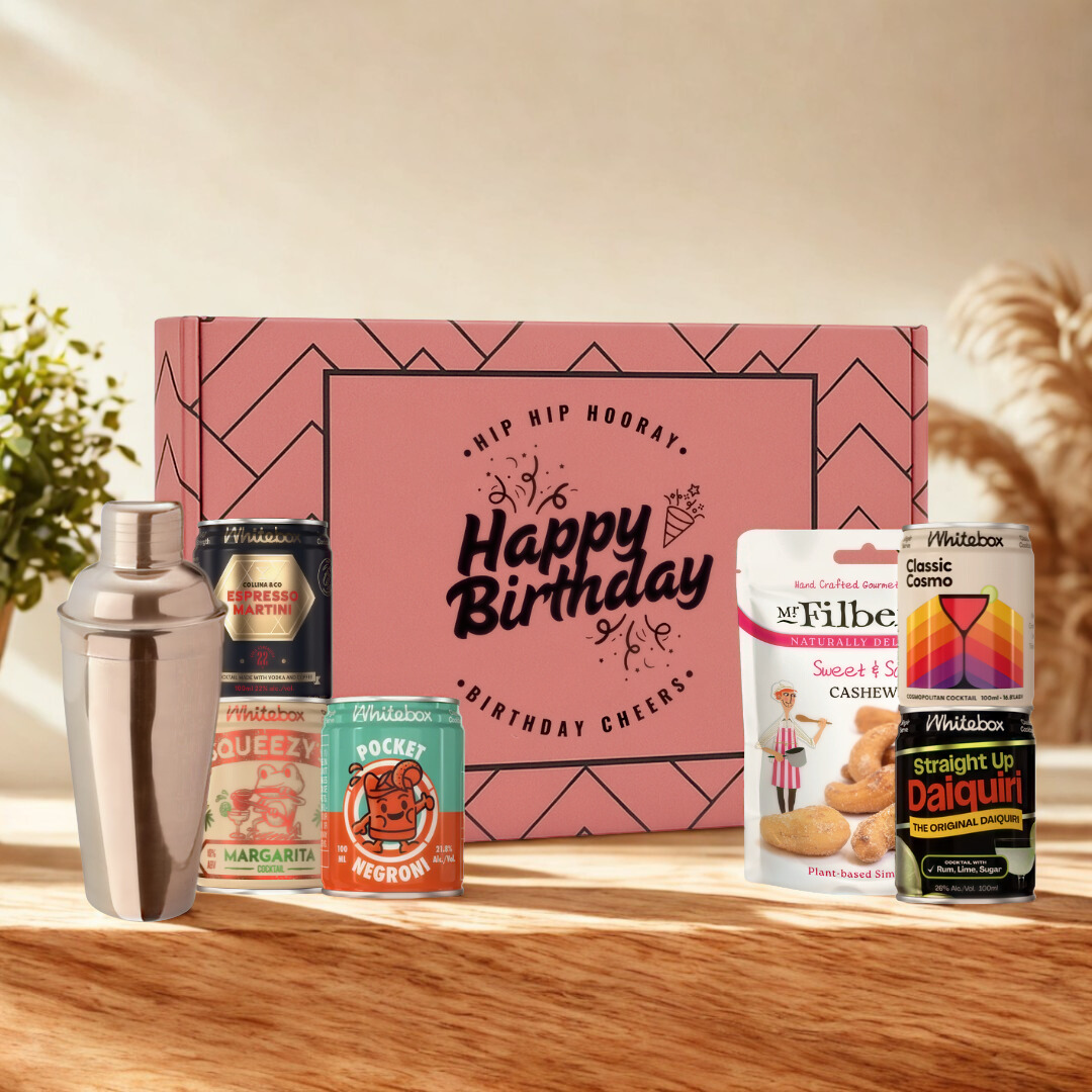 Happy Birthday Gift Box with Whitebox Ready-to-Drink Cocktail Cans &amp; Gourmet Snack Gift Box (5 x 10cl)