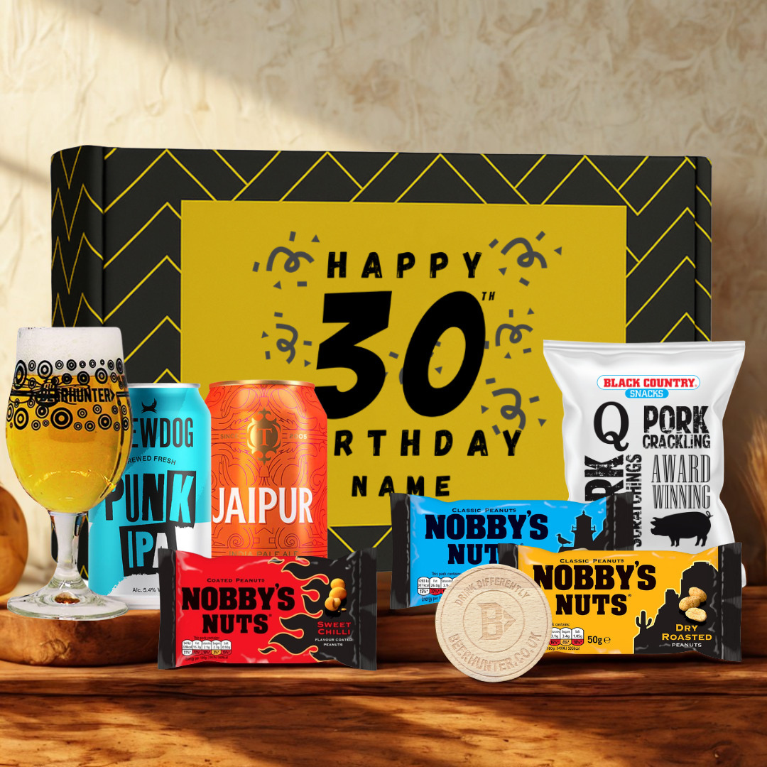 Personalised 30th Birthday Beer Gift Set – Craft Beer Selection with Glass & Snacks (2 Pack)