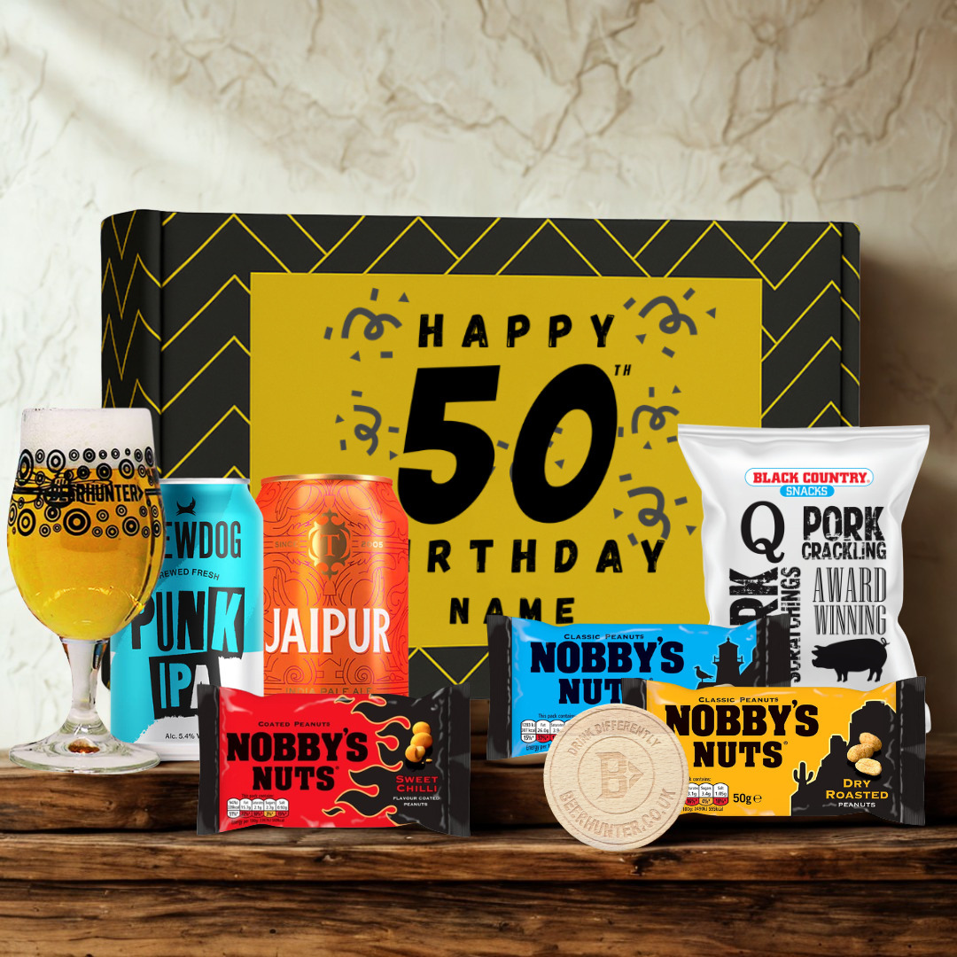 Personalised 50th Birthday Beer Gift Set – Craft Beer Selection with Glass &amp; Snacks (2 Pack)
