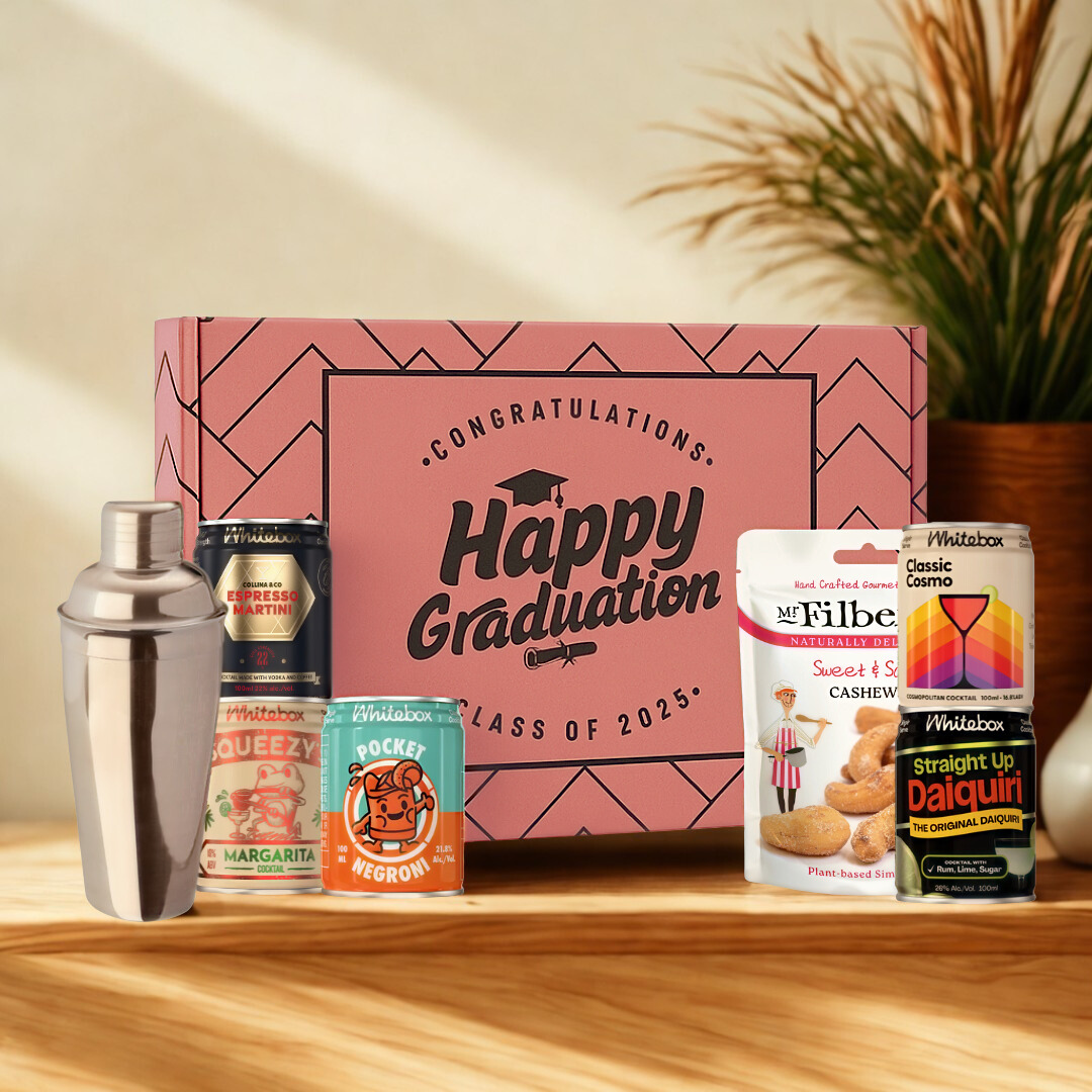 Happy Graduation Gift Box with Whitebox Ready-to-Drink Cocktail Cans &amp; Gourmet Snack Gift Box (5 x 10cl)