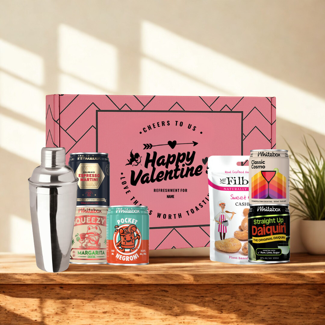 Happy Valentine's Gift Box with Whitebox Ready-to-Drink Cocktail Cans &amp; Gourmet Snack Gift Box (5 x 10cl)