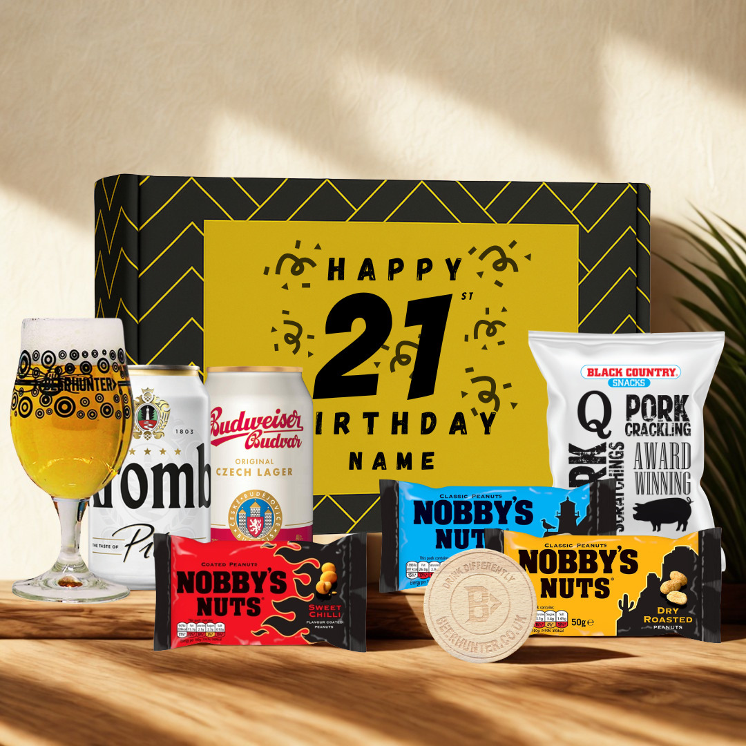 Personalised 21st Birthday Beer Gift Set – Craft Beer Selection with Glass &amp; Snacks (2 Pack)