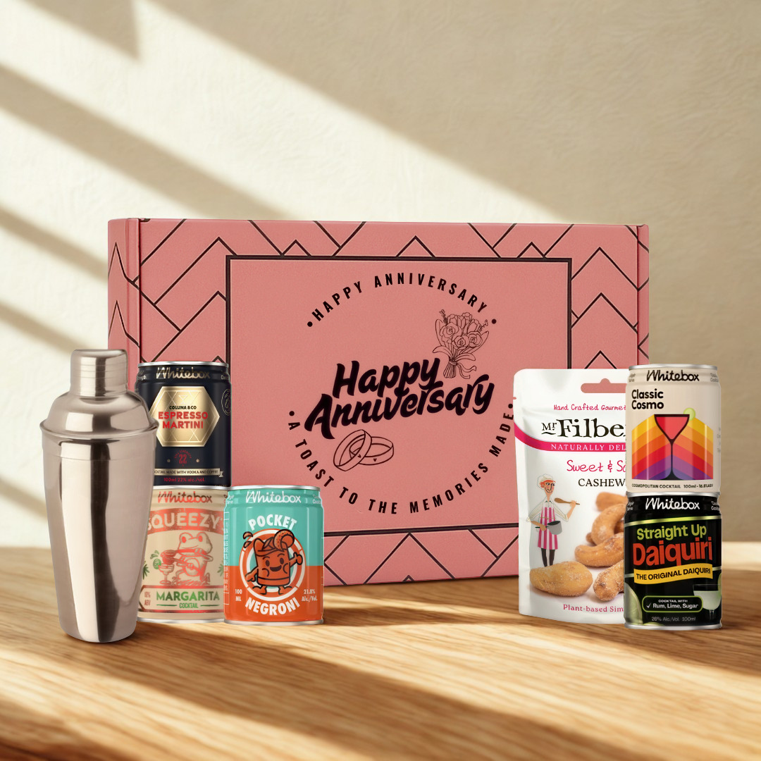 Happy Anniversary Gift Box with Whitebox Ready-to-Drink Cocktail Cans & Gourmet Snack Gift Box (5 x 10cl)