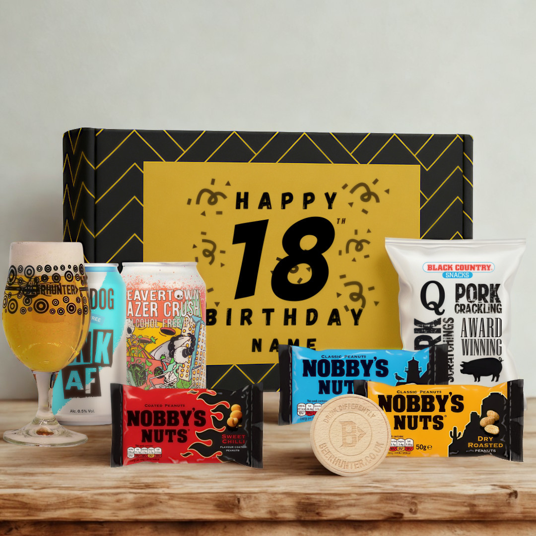 Personalised 18th Birthday Beer Gift Set – Craft Beer Selection with Glass &amp; Snacks (2 Pack)