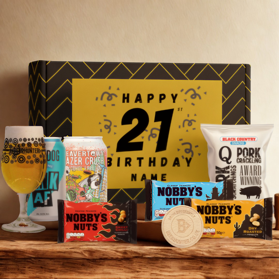 Personalised 21st Birthday Beer Gift Set – Craft Beer Selection with Glass &amp; Snacks (2 Pack)