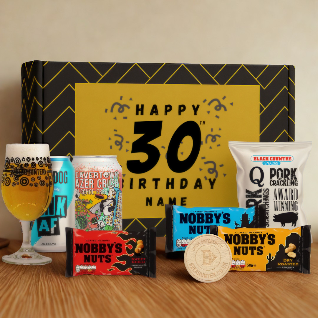 Personalised 30th Birthday Beer Gift Set – Craft Beer Selection with Glass &amp; Snacks (2 Pack)