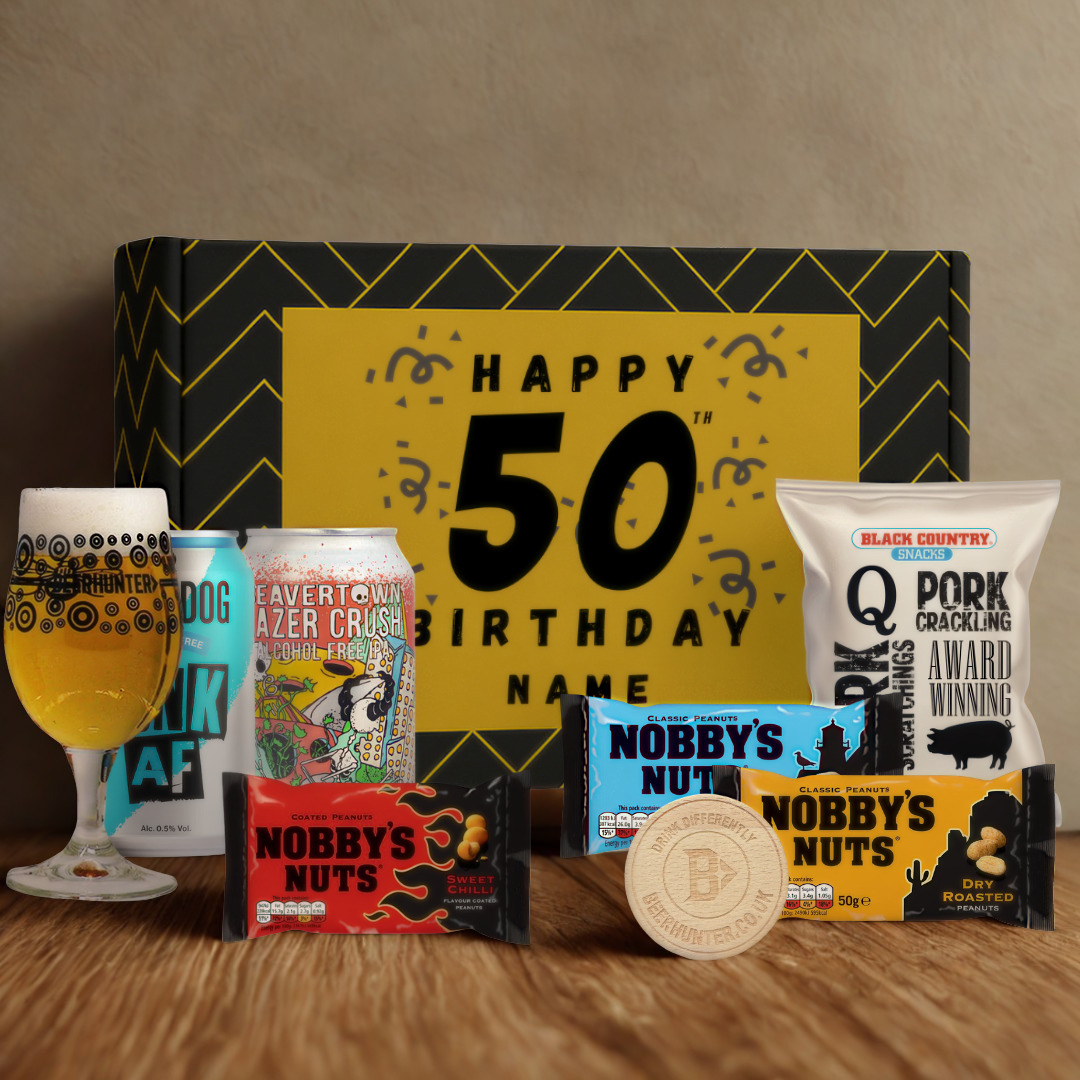 Personalised 50th Birthday Beer Gift Set – Craft Beer Selection with Glass &amp; Snacks (2 Pack)