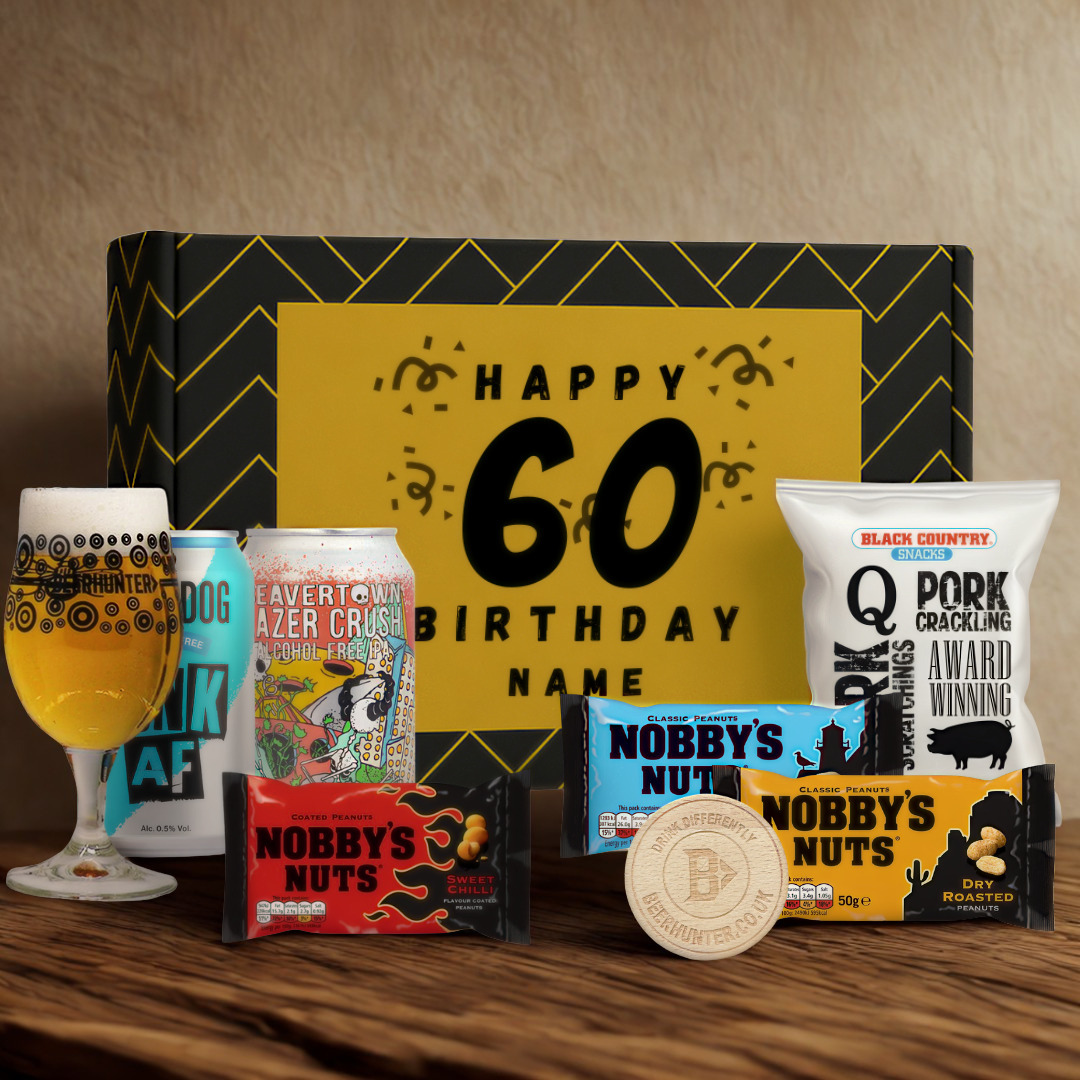 Personalised 60th Birthday Beer Gift Set – Craft Beer Selection with Glass & Snacks (2 Pack)
