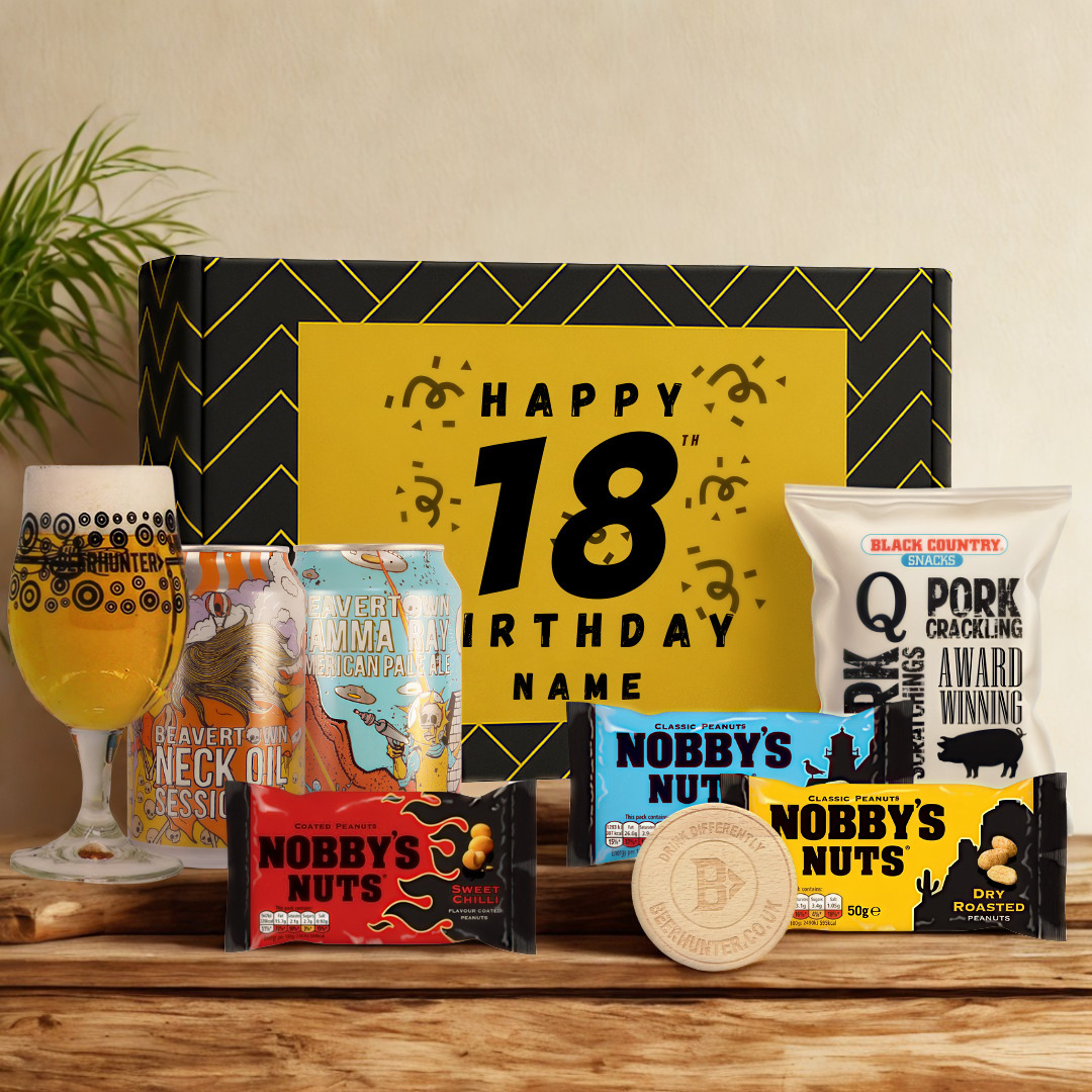 Personalised 18th Birthday Beer Gift Set – Craft Beer Selection with Glass & Snacks (2 Pack)