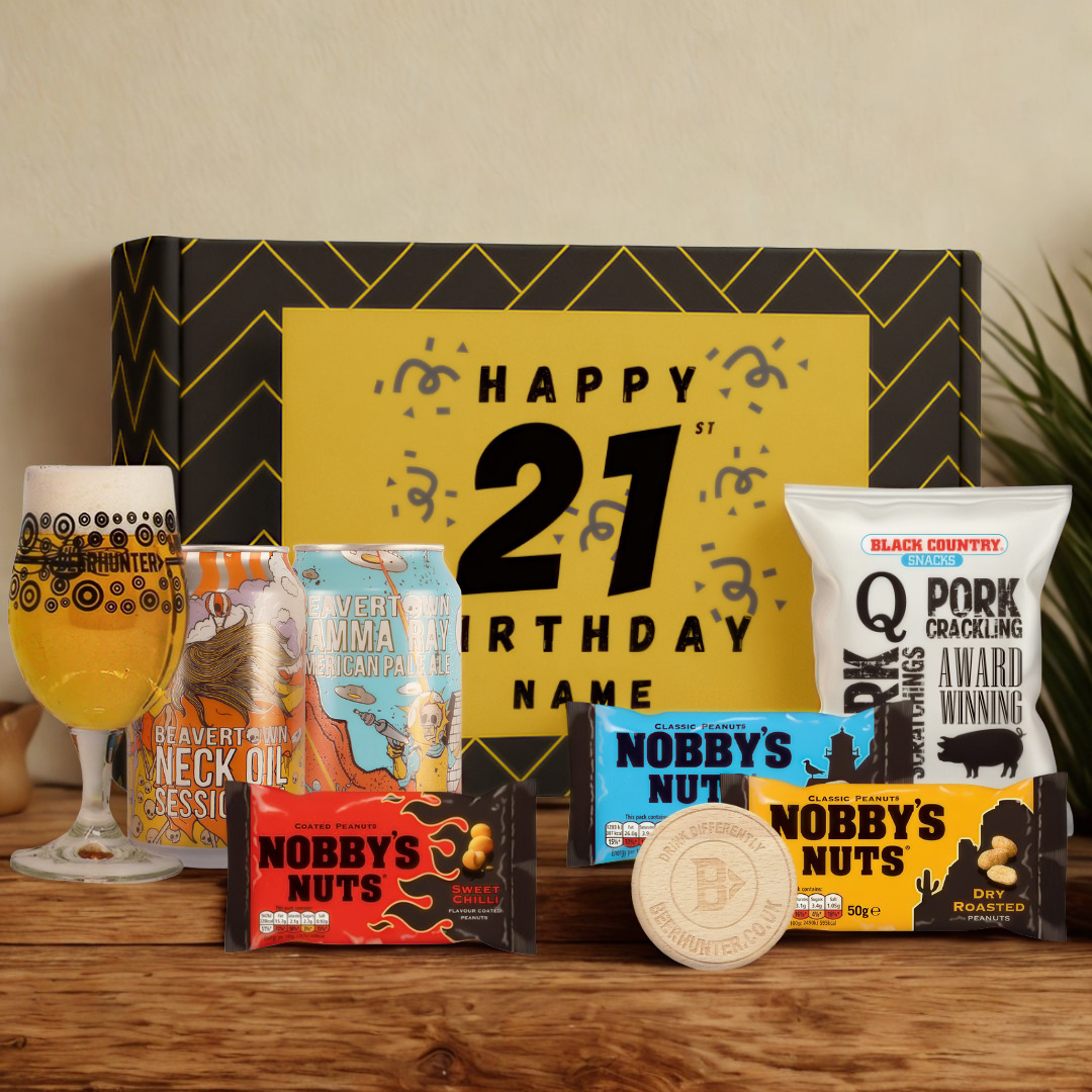 Personalised 21st Birthday Beer Gift Set – Craft Beer Selection with Glass & Snacks (2 Pack)