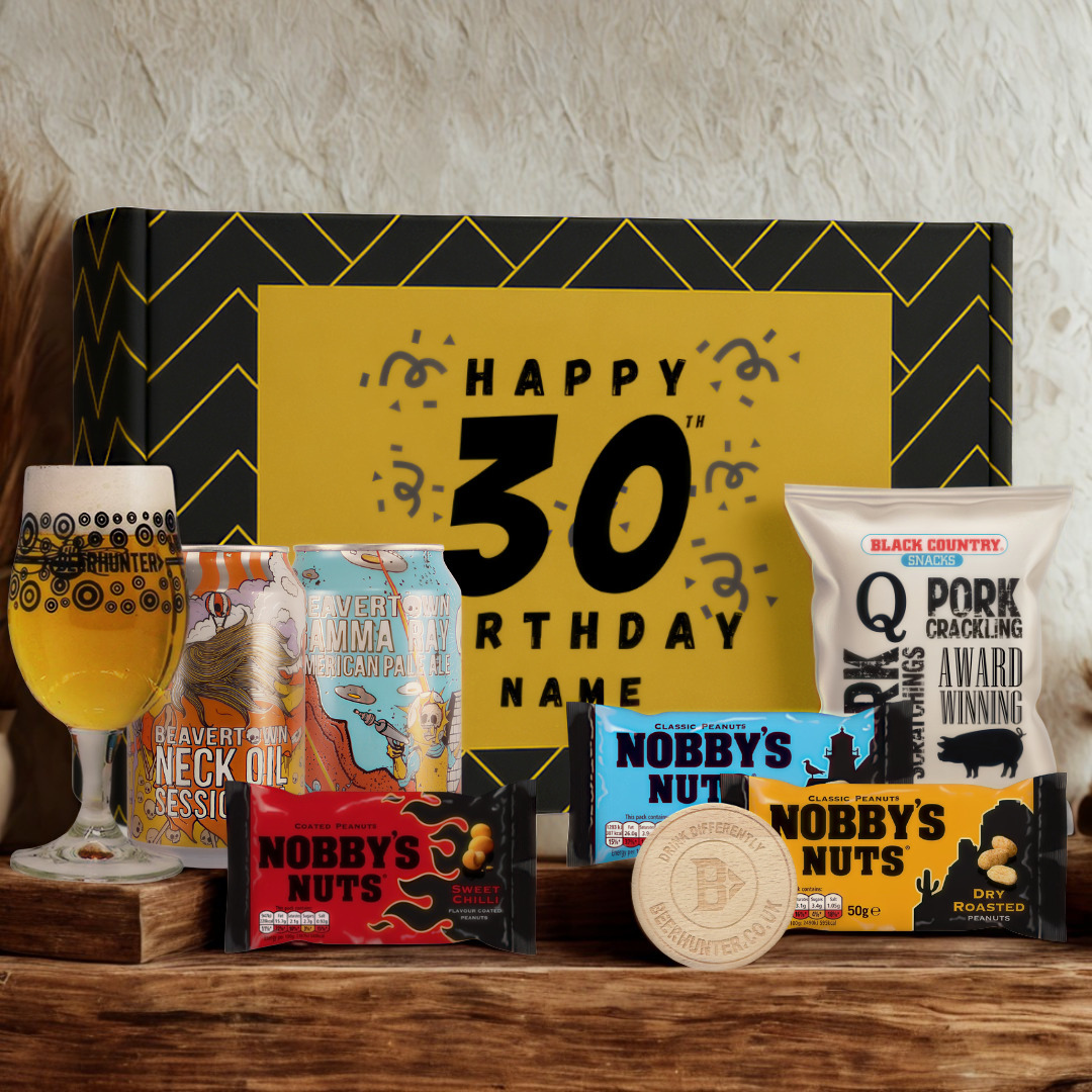 Personalised 30th Birthday Beer Gift Set – Craft Beer Selection with Glass &amp; Snacks (2 Pack)