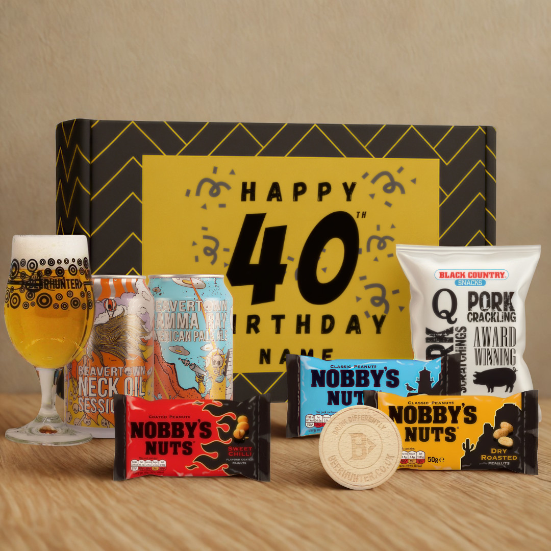 Personalised 40th Birthday Beer Gift Set – Craft Beer Selection with Glass &amp; Snacks (2 Pack)