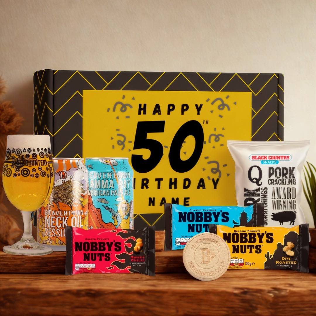 Personalised 50th Birthday Beer Gift Set – Craft Beer Selection with Glass & Snacks (2 Pack)