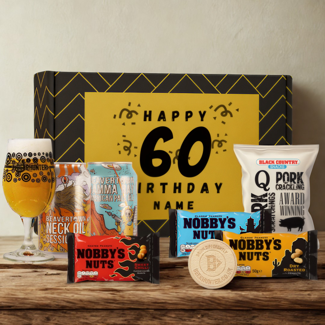 Personalised 60th Birthday Beer Gift Set – Craft Beer Selection with Glass &amp; Snacks (2 Pack)