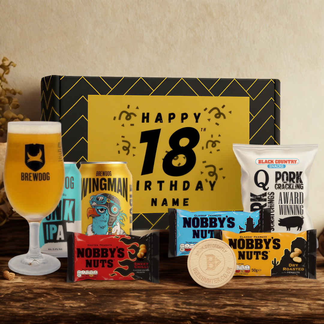 Personalised 18th Birthday Beer Gift Set – Craft Beer Selection with Glass &amp; Snacks (2 Pack)