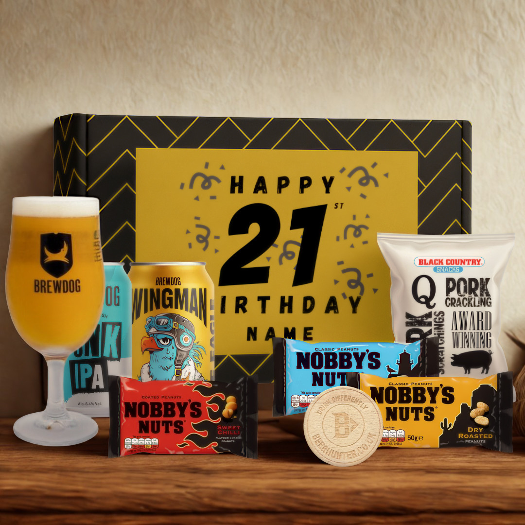 Personalised 21st Birthday Beer Gift Set – Craft Beer Selection with Glass &amp; Snacks (2 Pack)