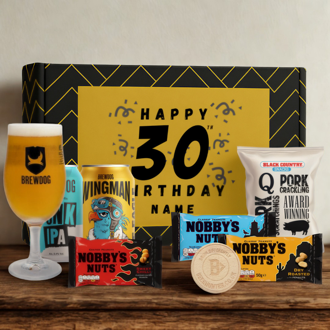 Personalised 30th Birthday Beer Gift Set – Craft Beer Selection with Glass &amp; Snacks (2 Pack)
