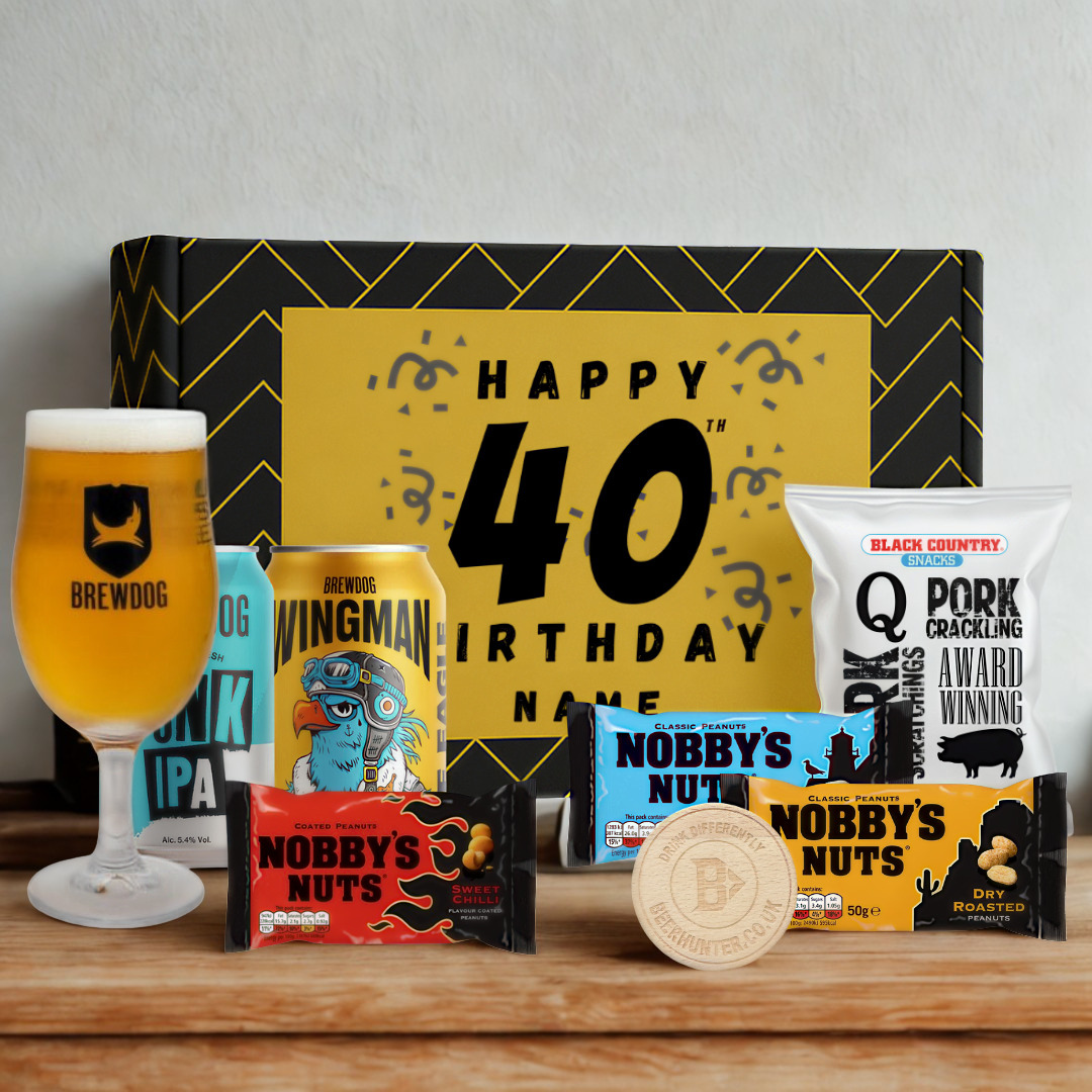 Personalised 40th Birthday Beer Gift Set – Craft Beer Selection with Glass &amp; Snacks (2 Pack)