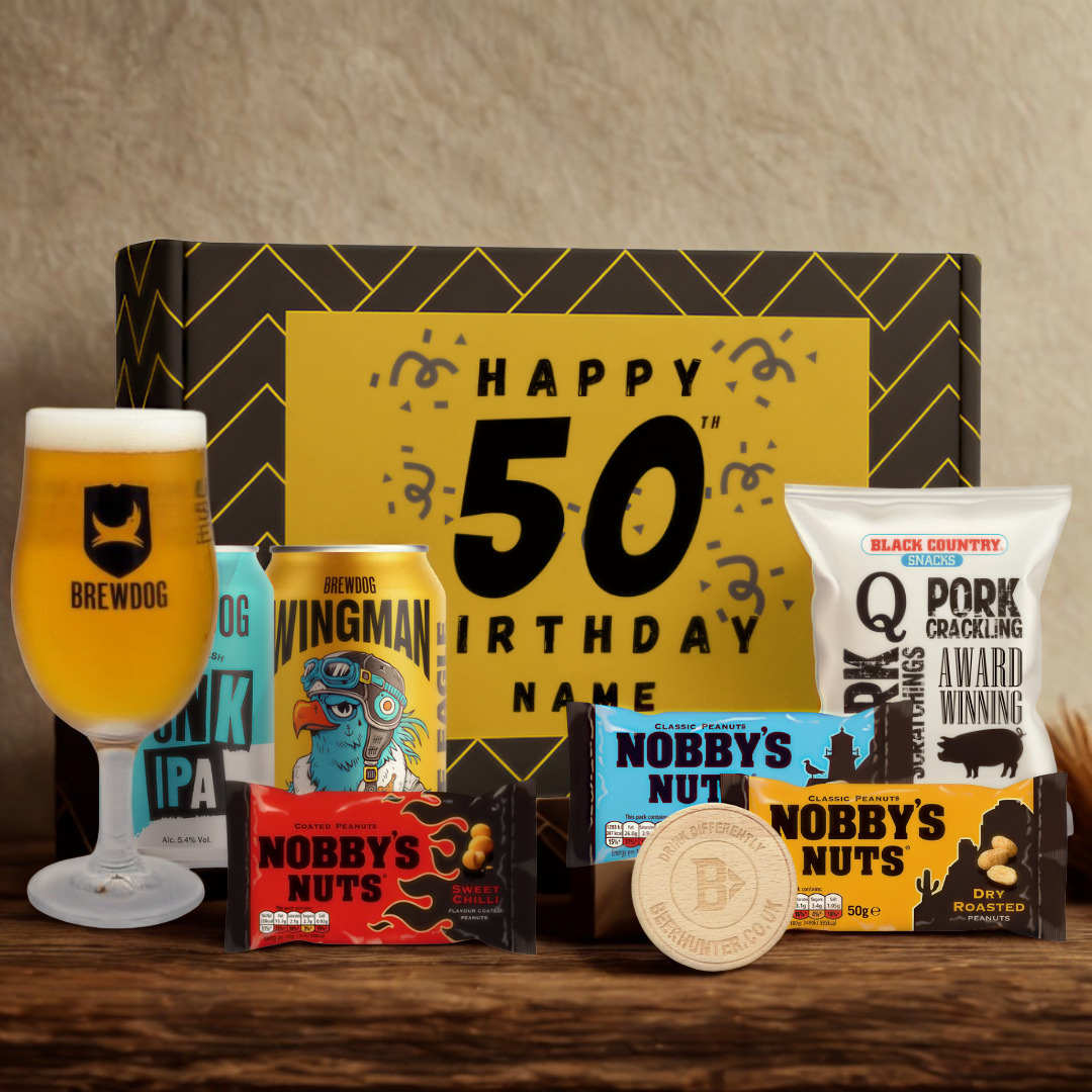Personalised 50th Birthday Beer Gift Set – Craft Beer Selection with Glass &amp; Snacks (2 Pack)