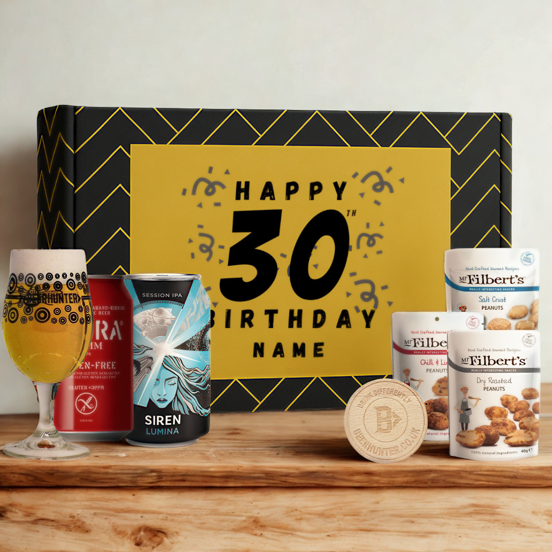 Personalised 30th Birthday Beer Gift Set – Craft Beer Selection with Glass &amp; Snacks (2 Pack)