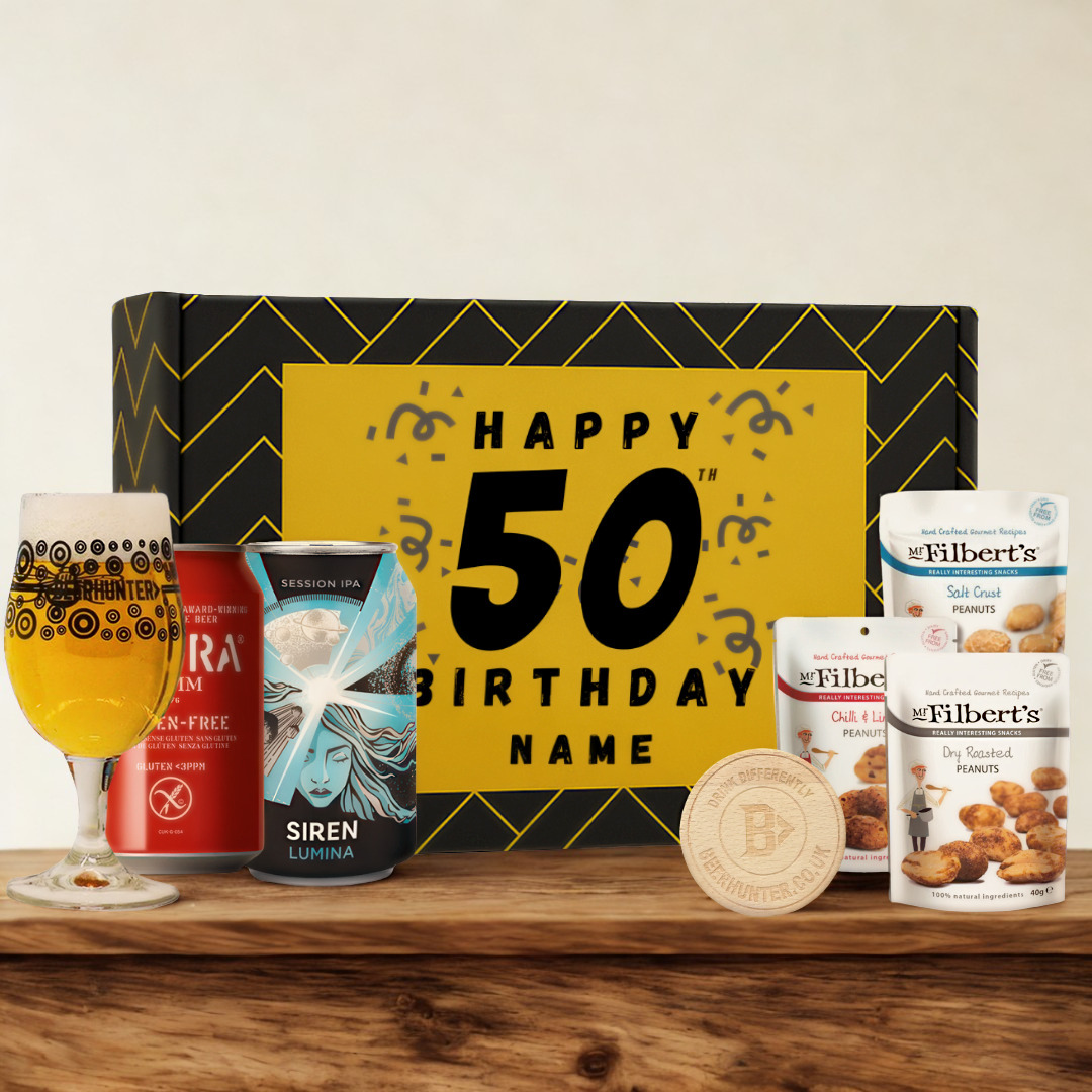 Personalised 50th Birthday Beer Gift Set – Craft Beer Selection with Glass &amp; Snacks (2 Pack)