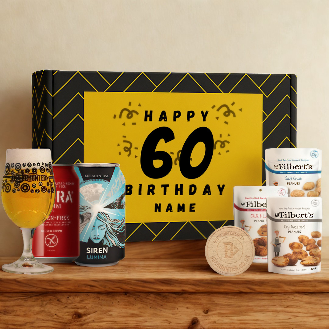 Personalised 60th Birthday Beer Gift Set – Craft Beer Selection with Glass &amp; Snacks (2 Pack)